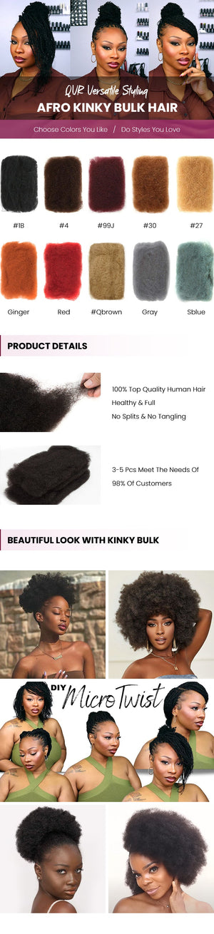 QVR Kinky Bulk Human Hair 22" 3 Packs 150g Bigger Afro Kinky Bulk For Braiding DreadLock