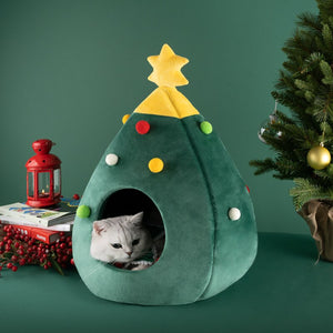 Pet House Cat Christmas Tree Shape Bed Dog Nest Puppy Cave Washable Mat Warm Comfort Soft Winter Cat House Pet Supplies Bed 2021