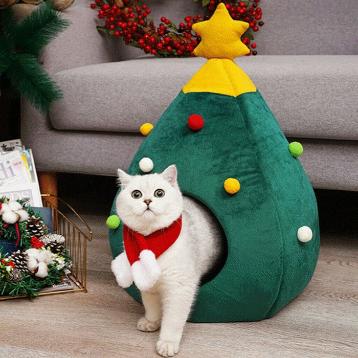 Pet House Cat Christmas Tree Shape Bed Dog Nest Puppy Cave Washable Mat Warm Comfort Soft Winter Cat House Pet Supplies Bed 2021